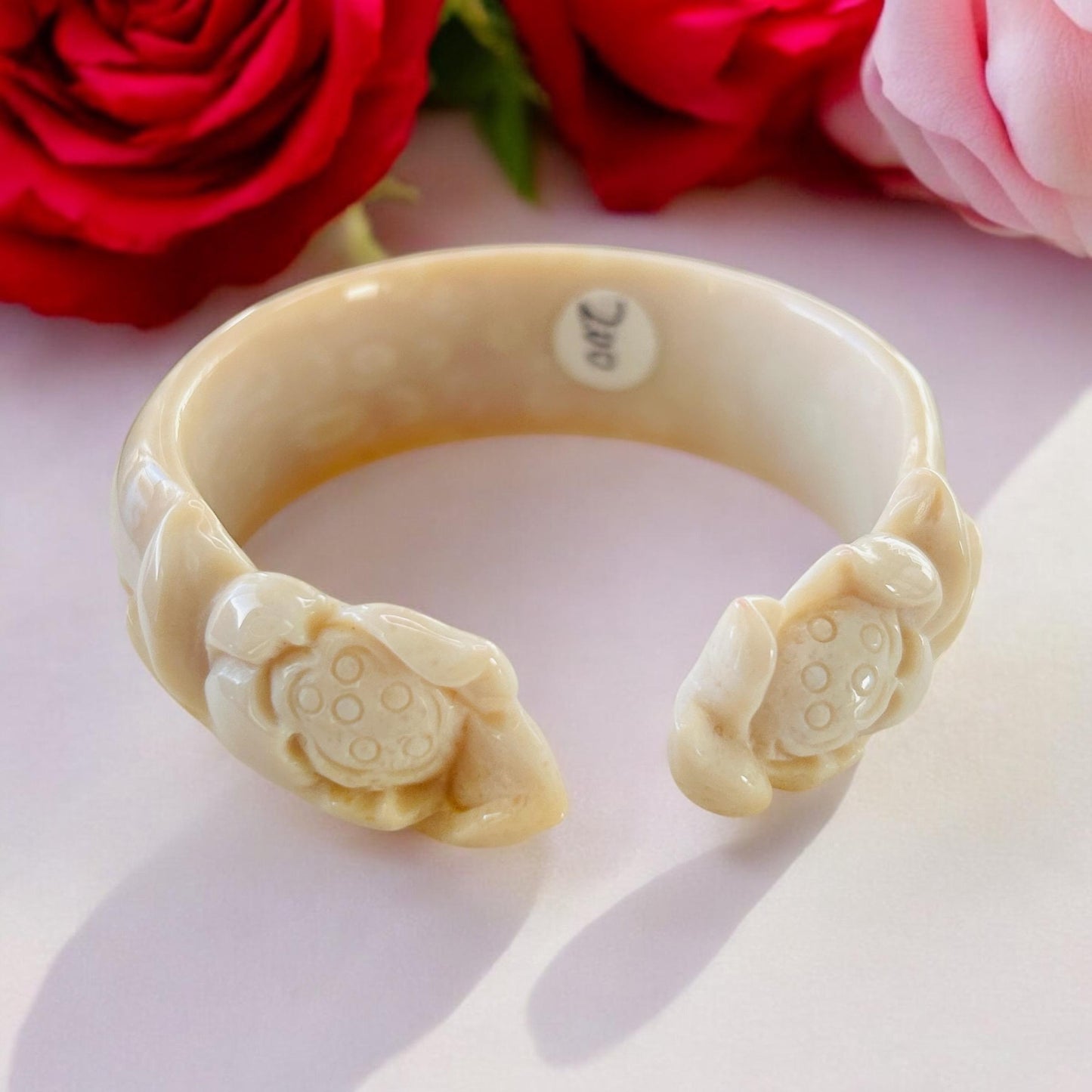 Fossil Coral Jade Bangle: Lotus Flower Carved Bracelet (52.3mm) AA-10003