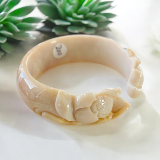 Fossil Coral Jade Bangle: Lotus Flower Carved Bracelet (52.3mm) AA-10003