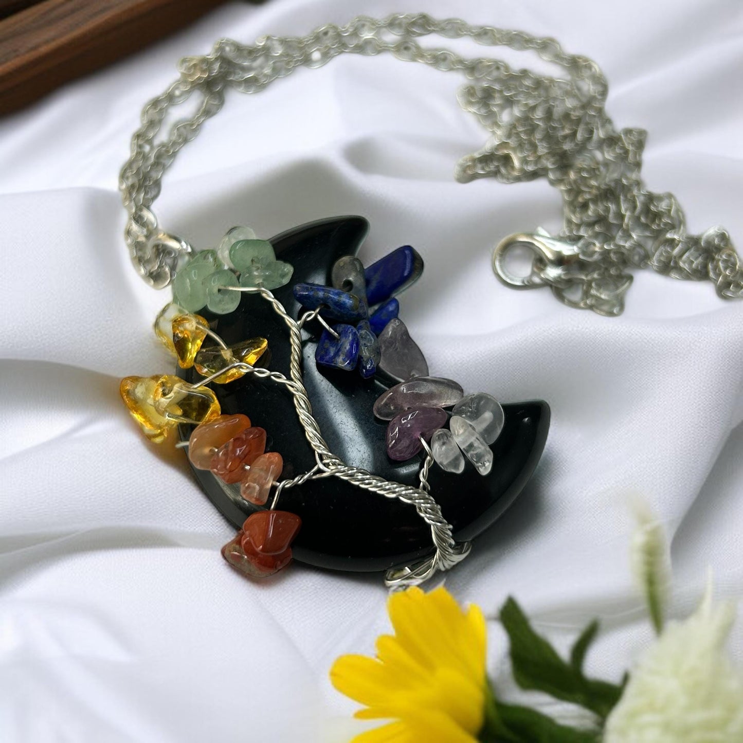 Black Obsidian Crescent Moon Chakra Tree Necklace: Healing Crystal Pendant