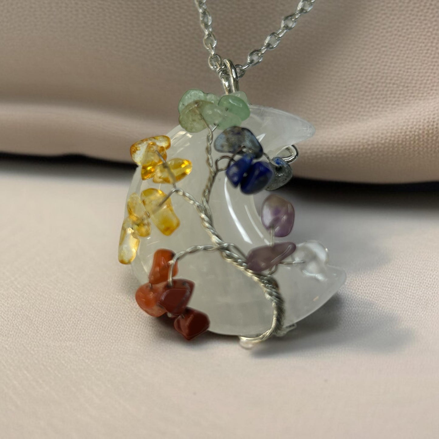 Clear Quartz Crescent Moon Chakra Tree Necklace: Silver Wire Pendant