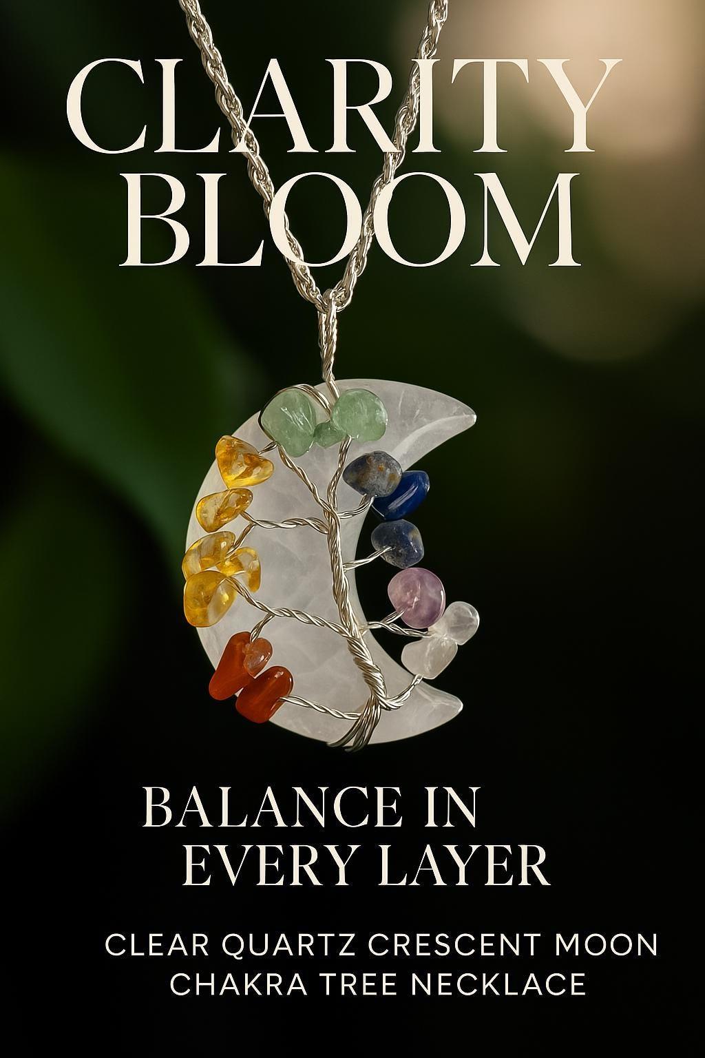 Clear Quartz Crescent Moon Chakra Tree Necklace: Silver Wire Pendant