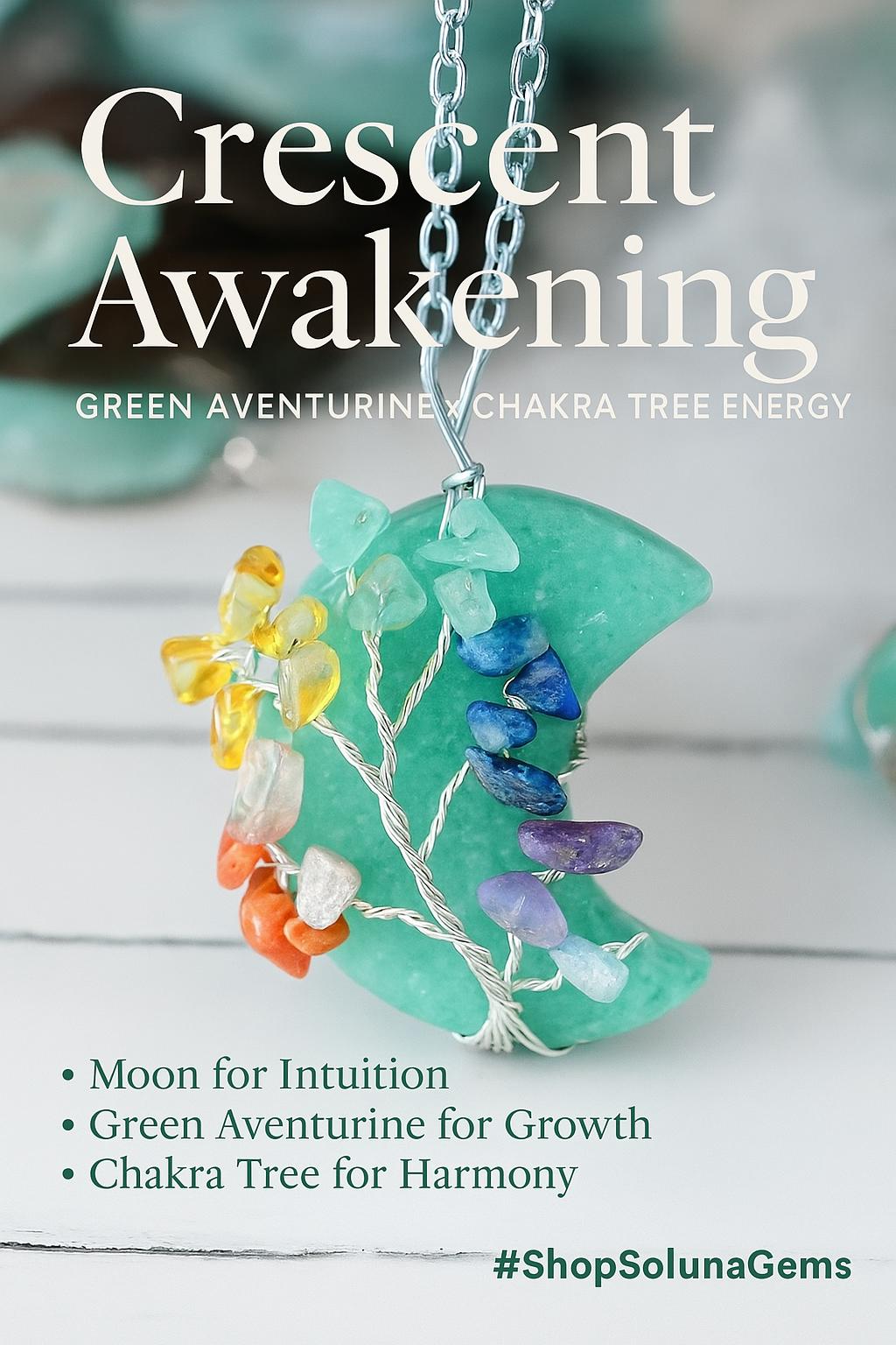 Green Aventurine Crescent Moon Necklace: Chakra Tree of Life Pendant