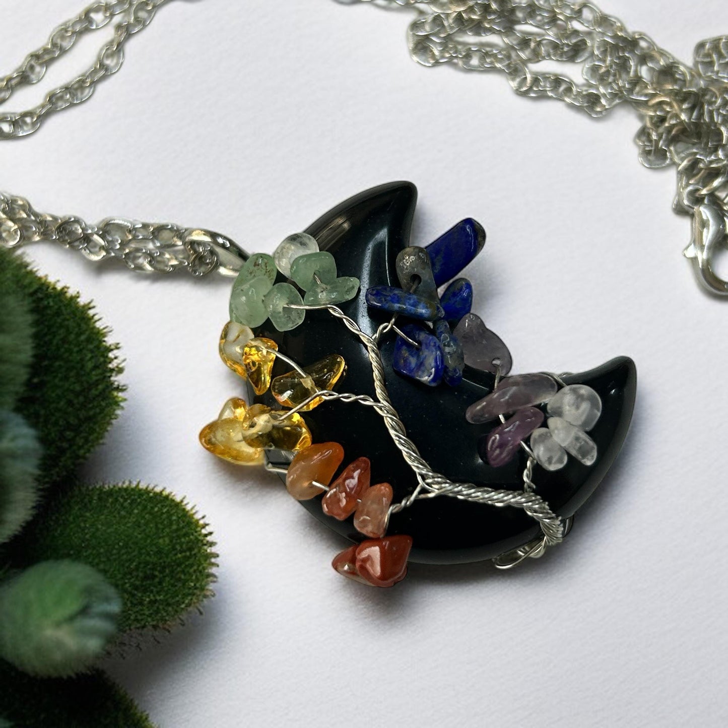 Black Obsidian Crescent Moon Chakra Tree Necklace: Healing Crystal Pendant