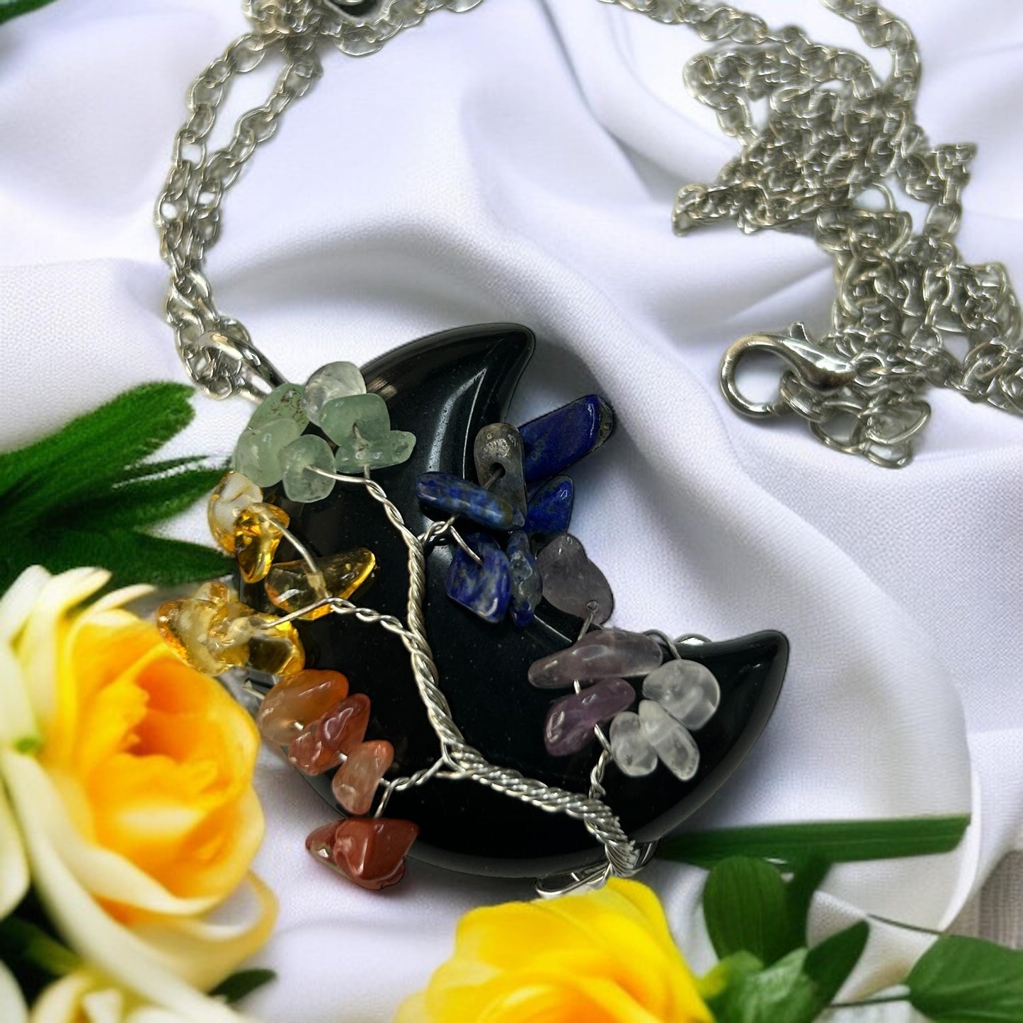 Black Obsidian Crescent Moon Chakra Tree Necklace: Healing Crystal Pendant