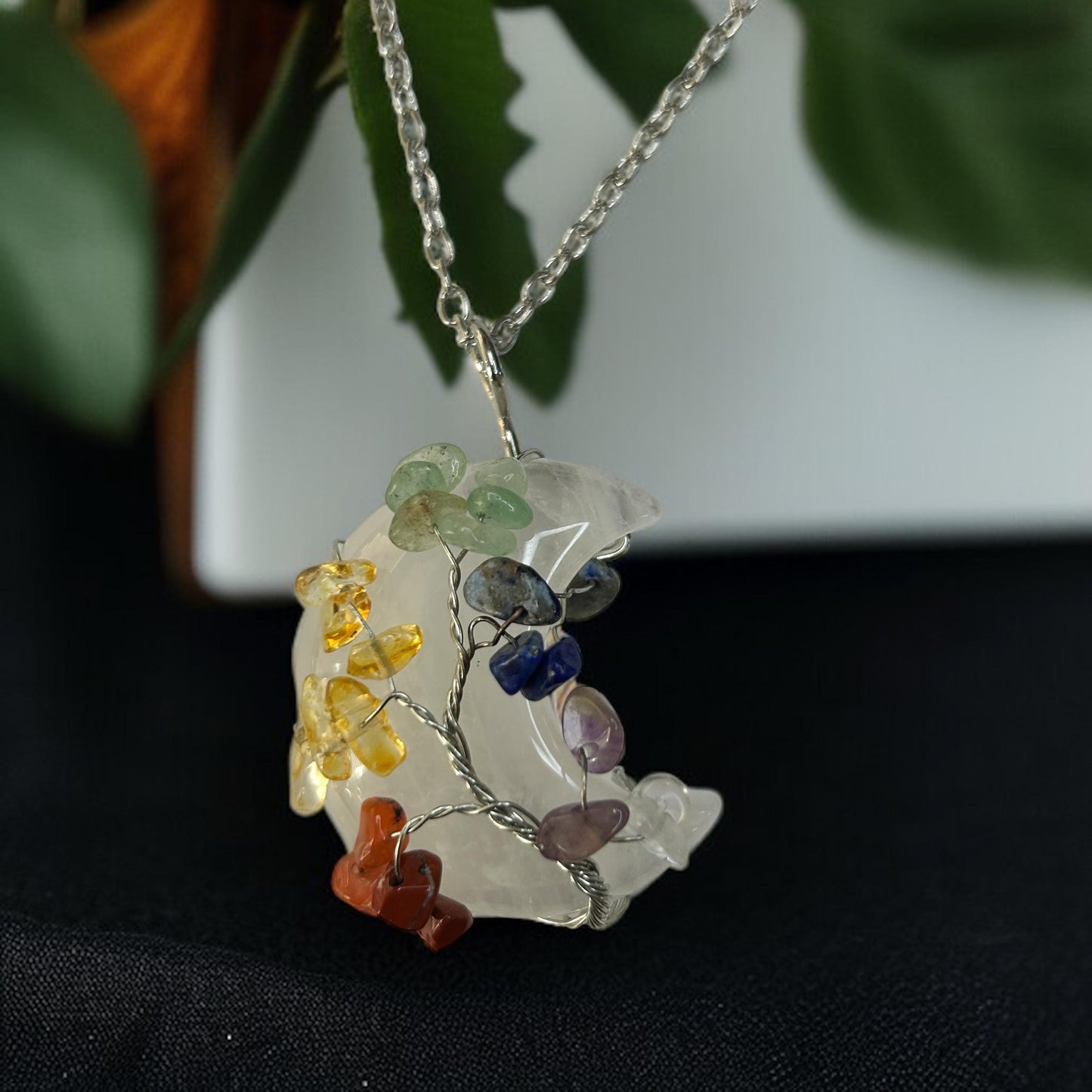 Clear Quartz Crescent Moon Chakra Tree Necklace: Silver Wire Pendant