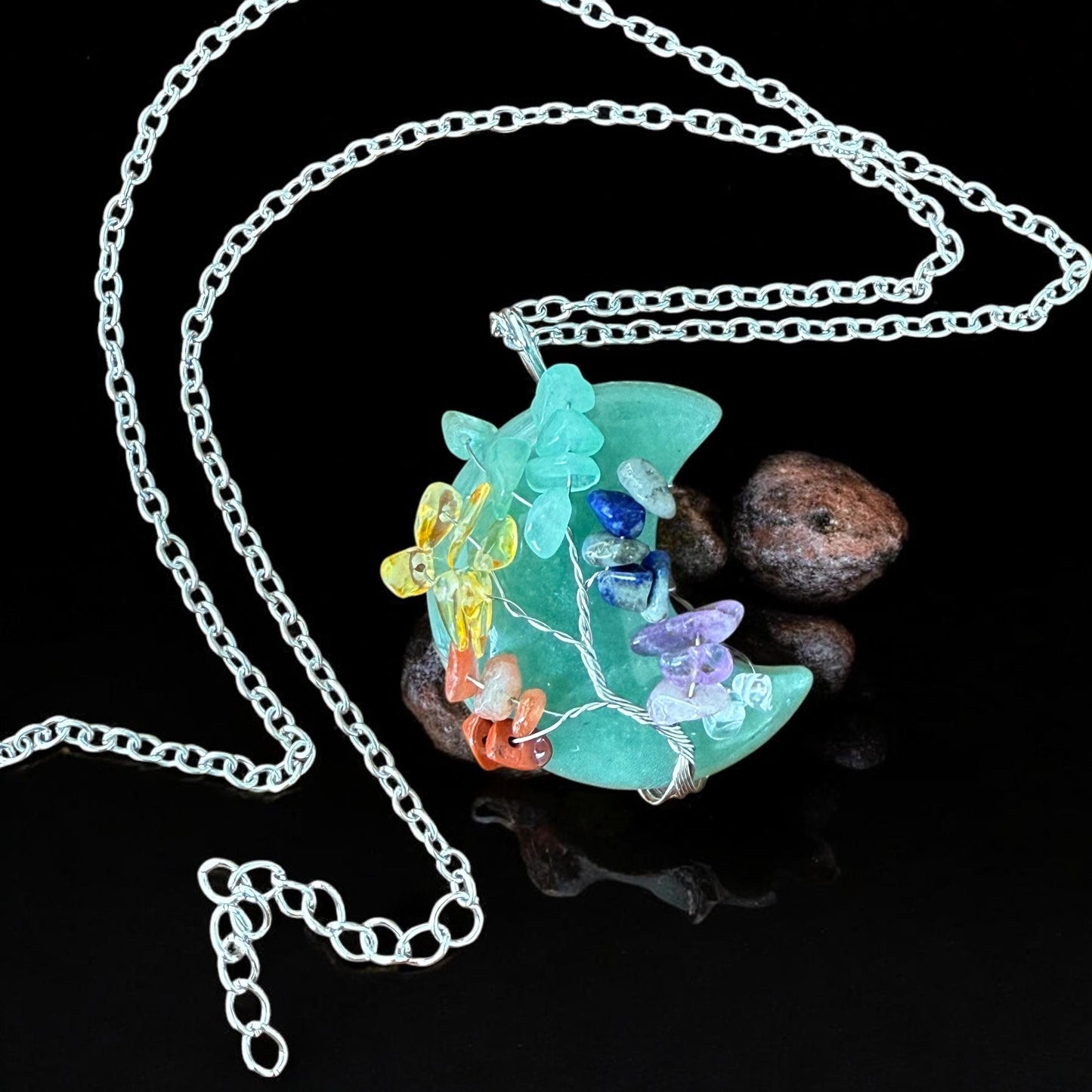 Green Aventurine Crescent Moon Necklace: Chakra Tree of Life Pendant