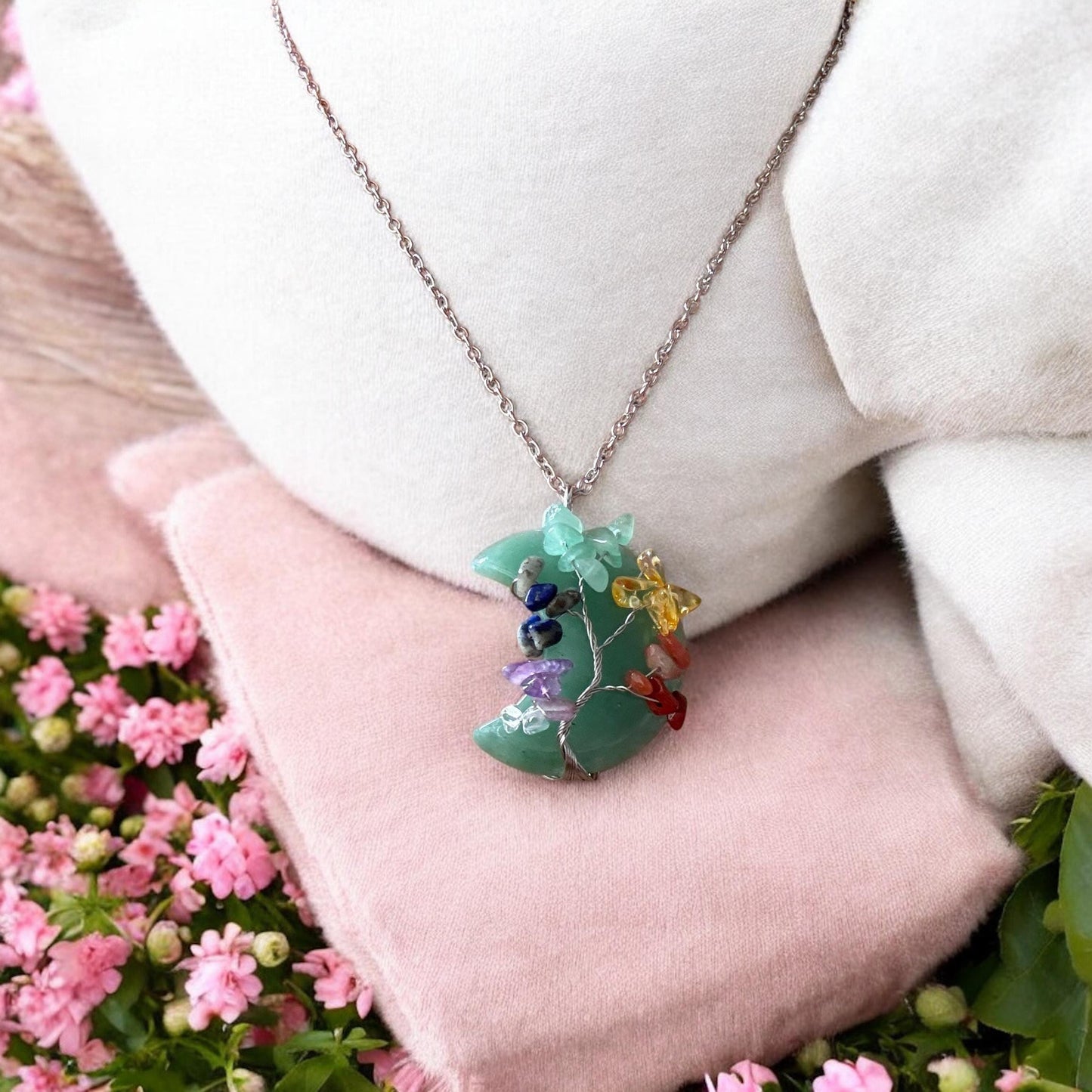 Green Aventurine Crescent Moon Necklace: Chakra Tree of Life Pendant