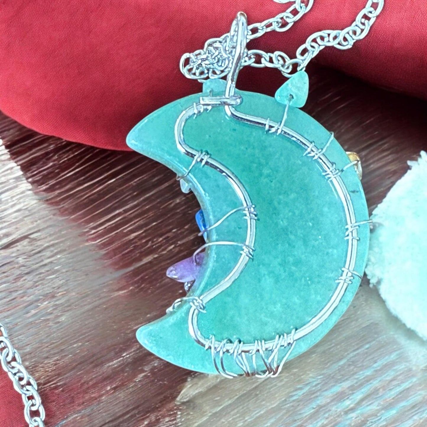 Green Aventurine Crescent Moon Necklace: Chakra Tree of Life Pendant
