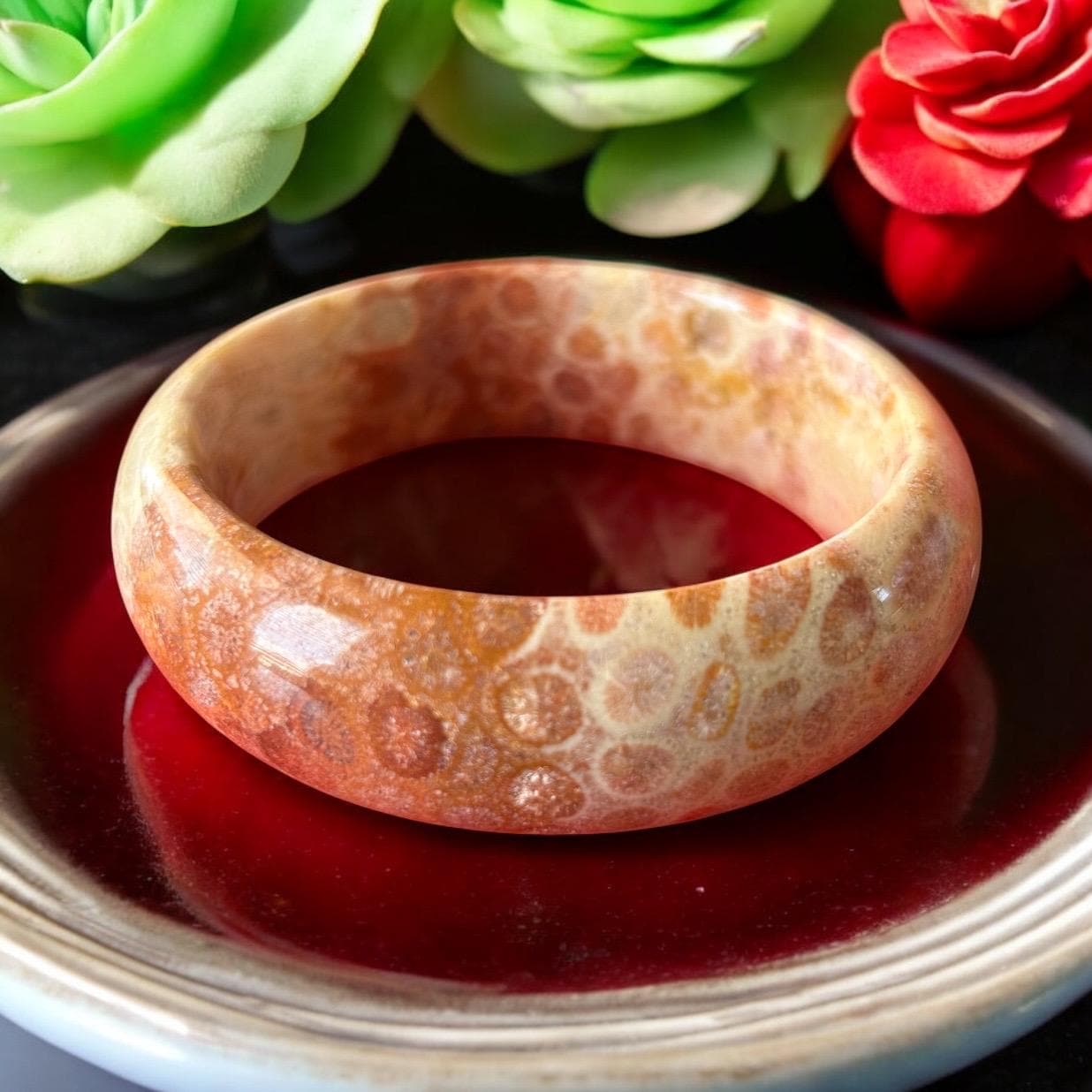 Fossilized Coral Bangle: Celestial Eye Phoenix Tail Jade Bracelet (58.6mm)