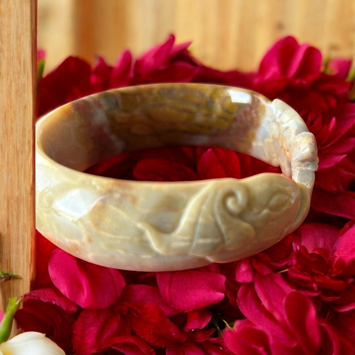 Hand-Carved Coral Jade Elephant Bangle: Symbol of Wisdom - 55.5mm AA-10002