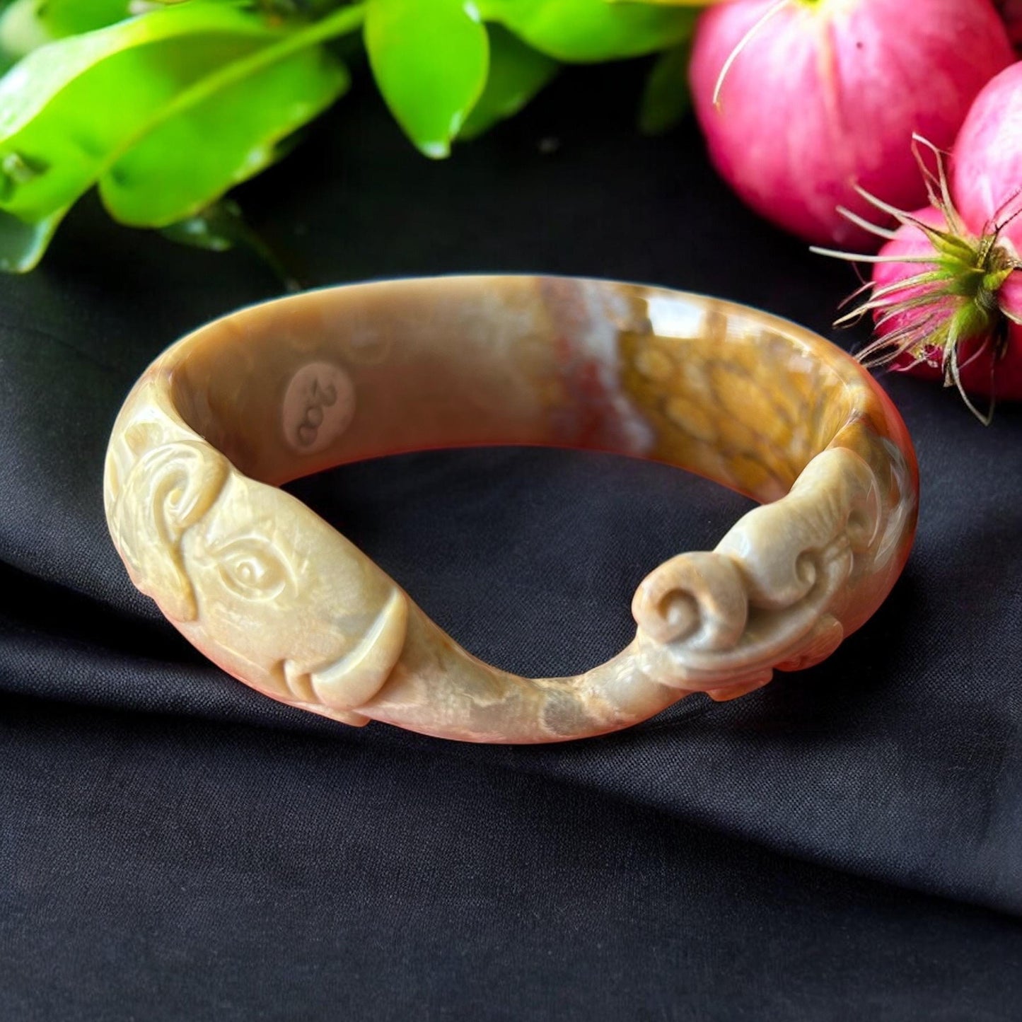 Hand-Carved Coral Jade Elephant Bangle: Symbol of Wisdom - 55.5mm AA-10002