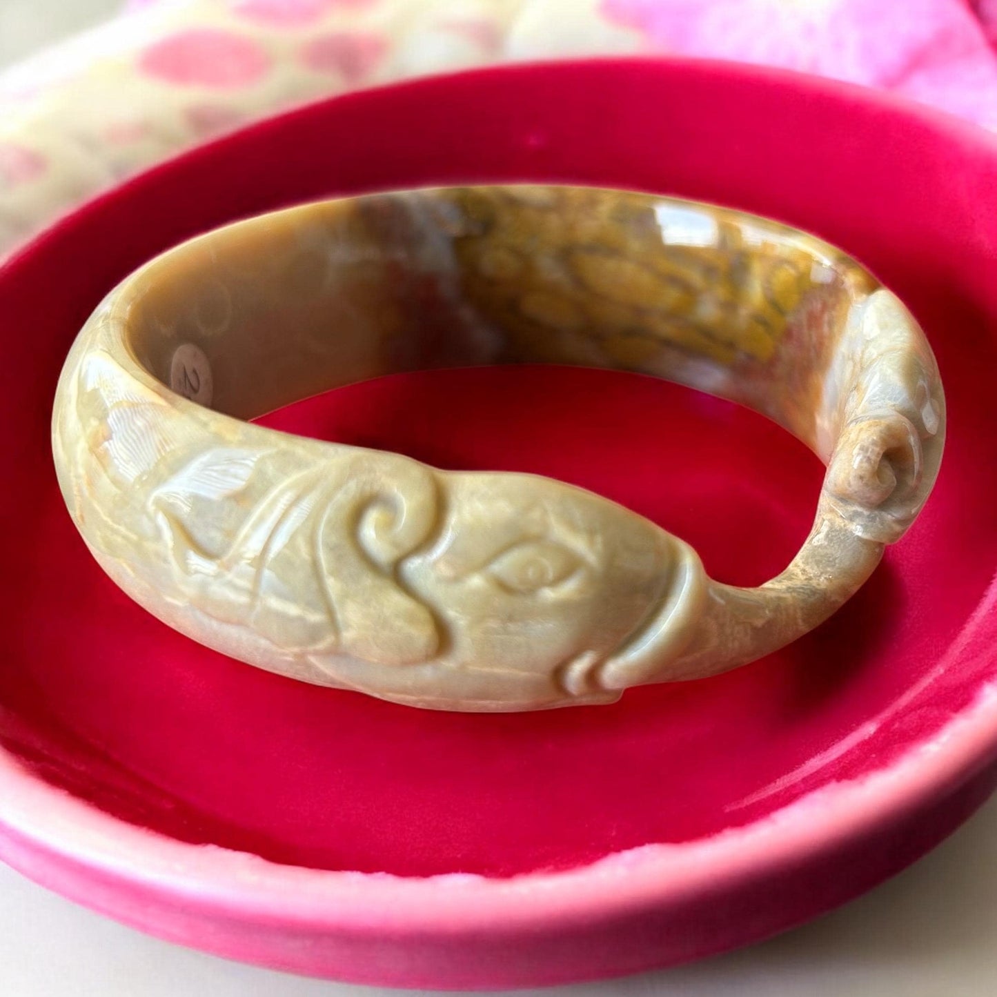 Hand-Carved Coral Jade Elephant Bangle: Symbol of Wisdom - 55.5mm AA-10002