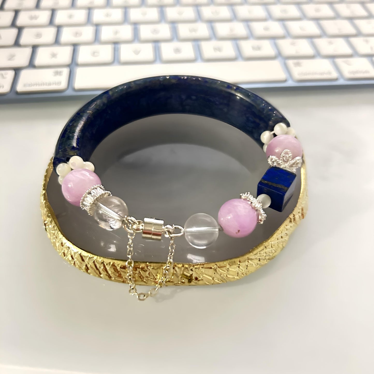 Lapis Lazuli & Pink Jade Bangle: Clear Quartz Healing Crystal Bracelet
