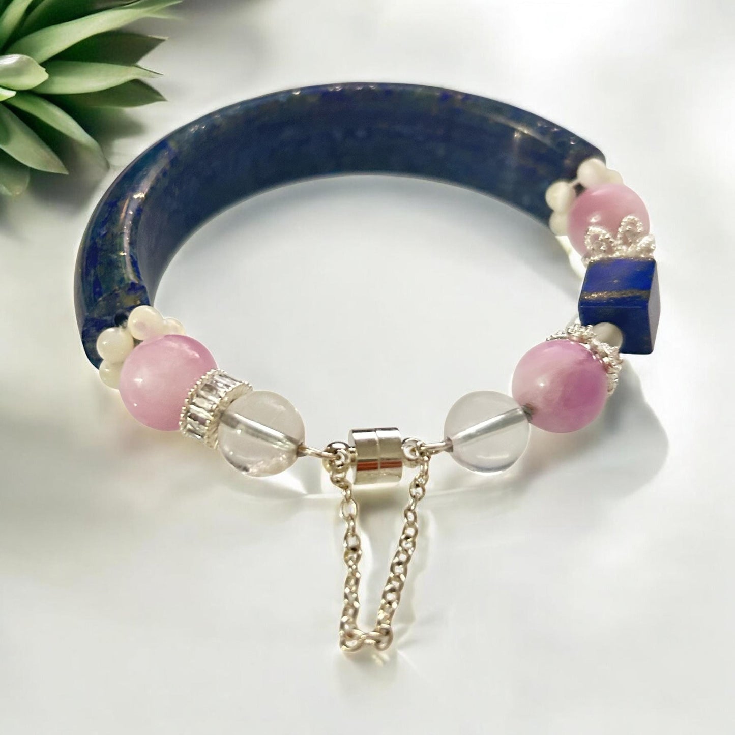 Lapis Lazuli & Pink Jade Bangle: Clear Quartz Healing Crystal Bracelet