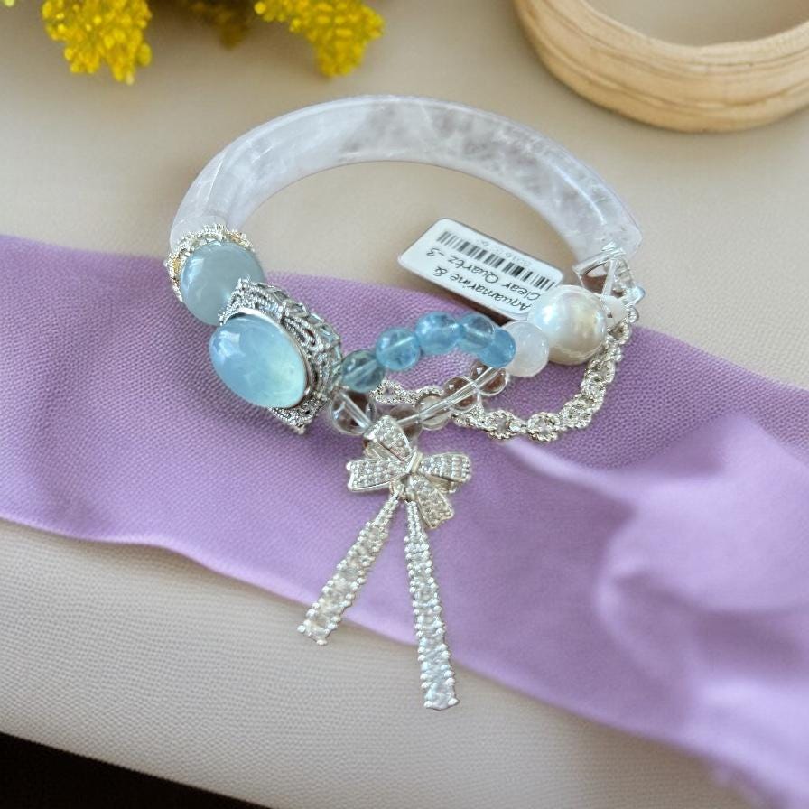 Aquamarine Moonstone Quartz Bangle Bracelet: Handmade Crystal Cuff, Vintage Charm