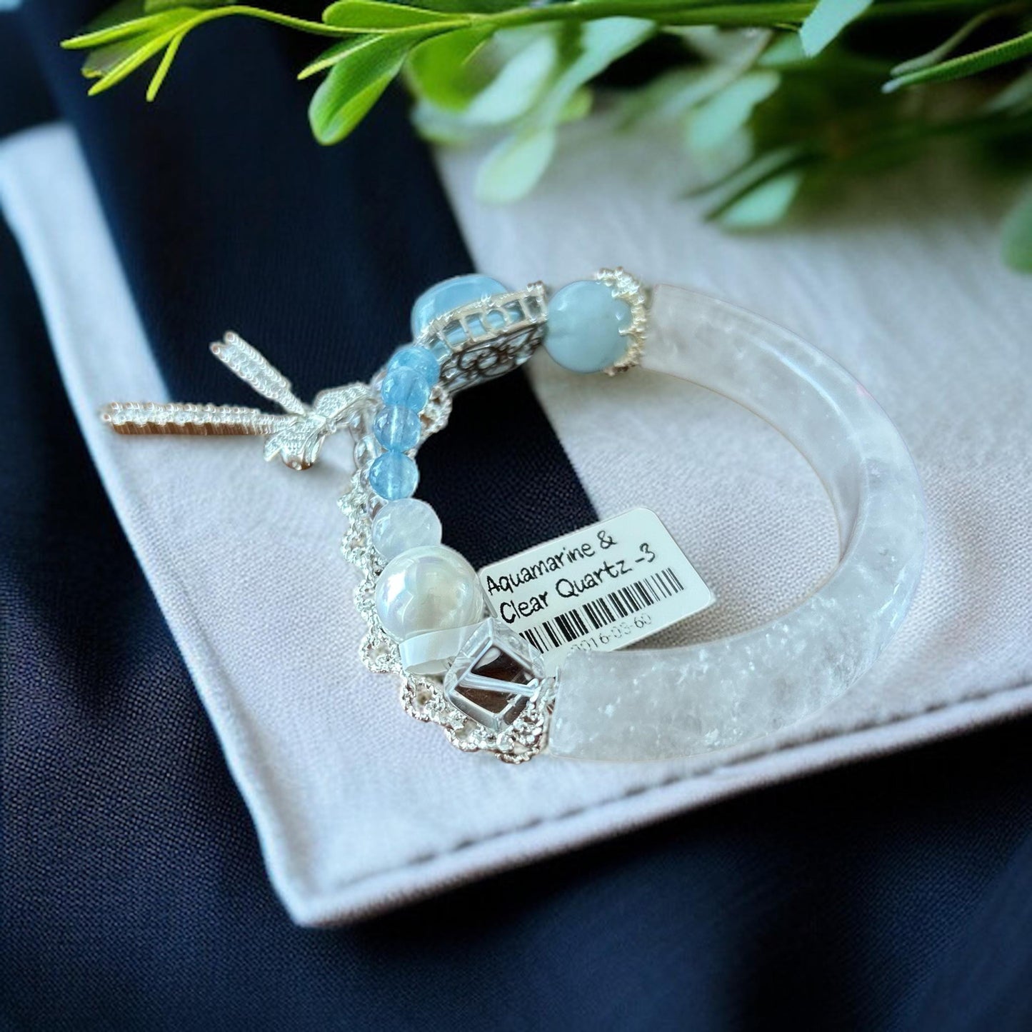 Aquamarine Moonstone Quartz Bangle Bracelet: Handmade Crystal Cuff, Vintage Charm