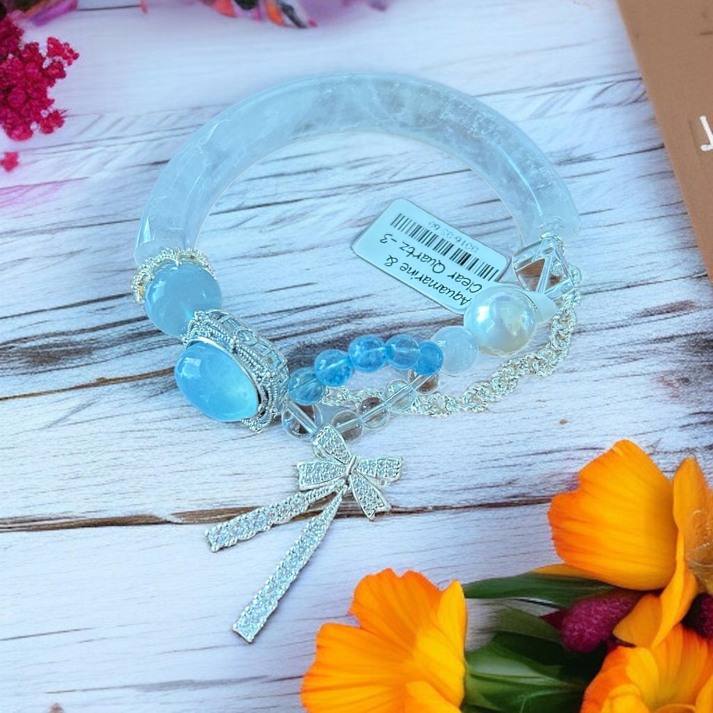 Aquamarine Moonstone Quartz Bangle Bracelet: Handmade Crystal Cuff, Vintage Charm