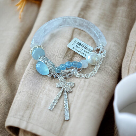 Aquamarine Moonstone Quartz Bangle Bracelet: Handmade Crystal Cuff, Vintage Charm