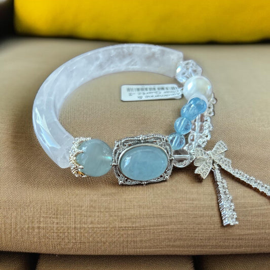 Aquamarine Moonstone Quartz Bangle Bracelet: Handmade Crystal Cuff, Vintage Charm