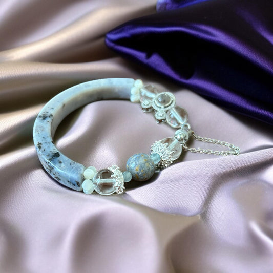 K2 Jasper Half Bangle Bracelet: Aquamarine, Moonstone & Quartz with Silver  Mouse
