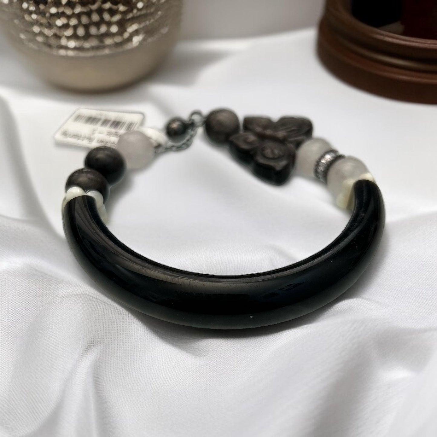 Obsidian Butterfly Bangle: Rose Quartz, Pearl & Matte Black Beads