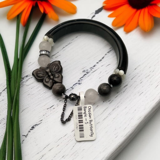 Obsidian Butterfly Bangle: Rose Quartz, Pearl & Matte Black Beads