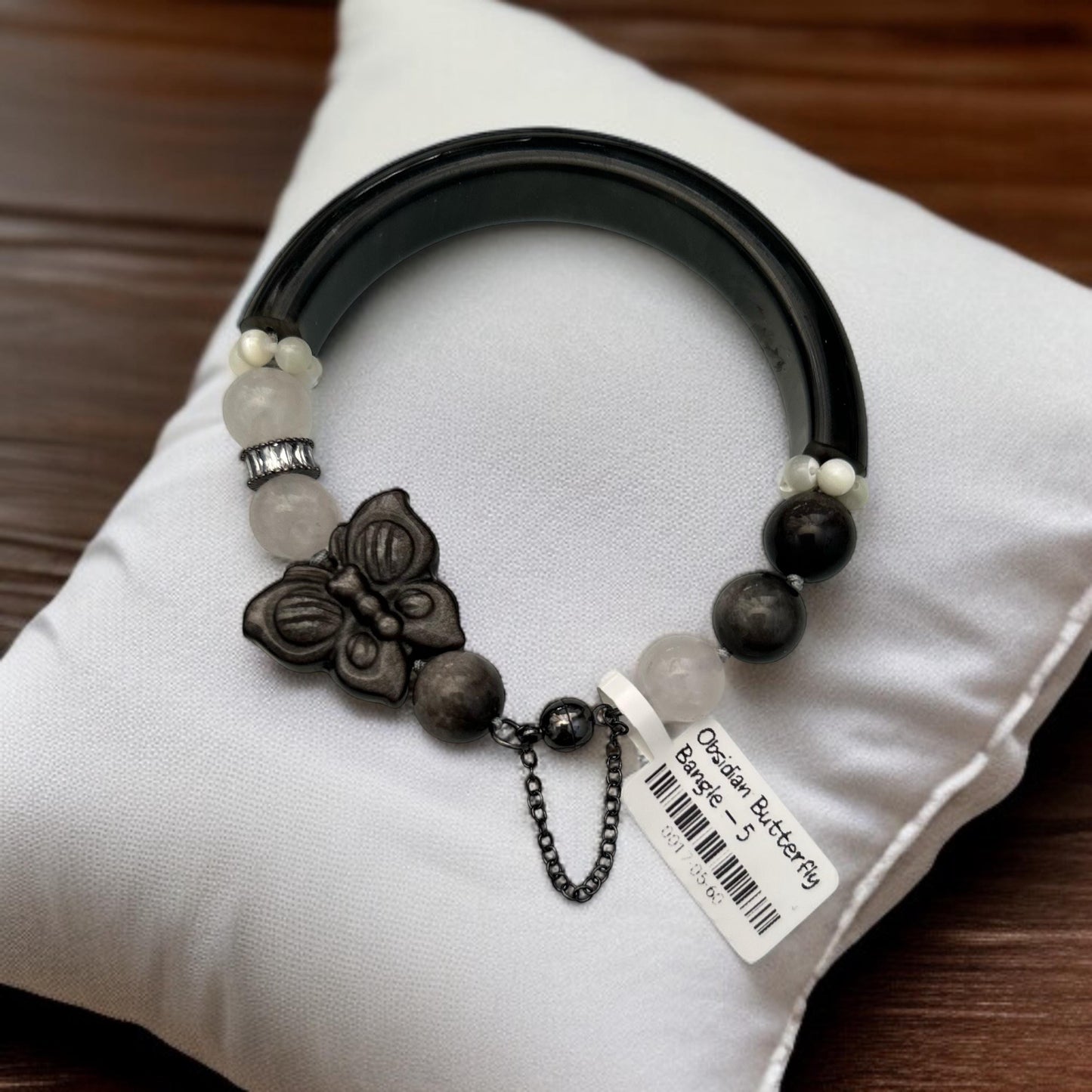 Obsidian Butterfly Bangle: Rose Quartz, Pearl & Matte Black Beads
