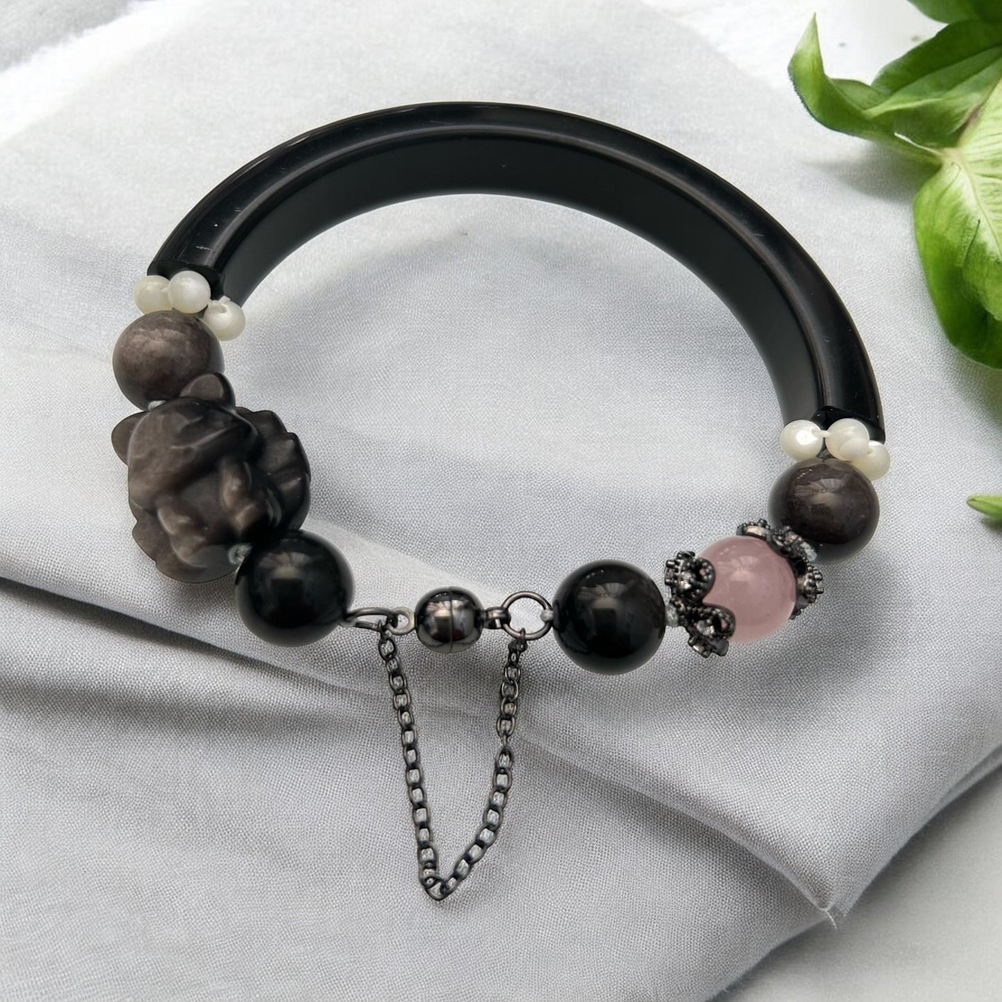 Obsidian Butterfly Bangle: Rose Quartz, Pearl & Matte Black Beads