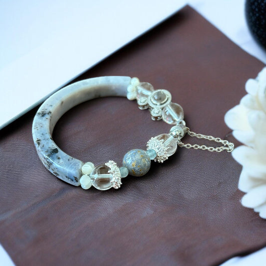 K2 Jasper Half Bangle Bracelet: Aquamarine, Moonstone & Quartz with Silver  Mouse