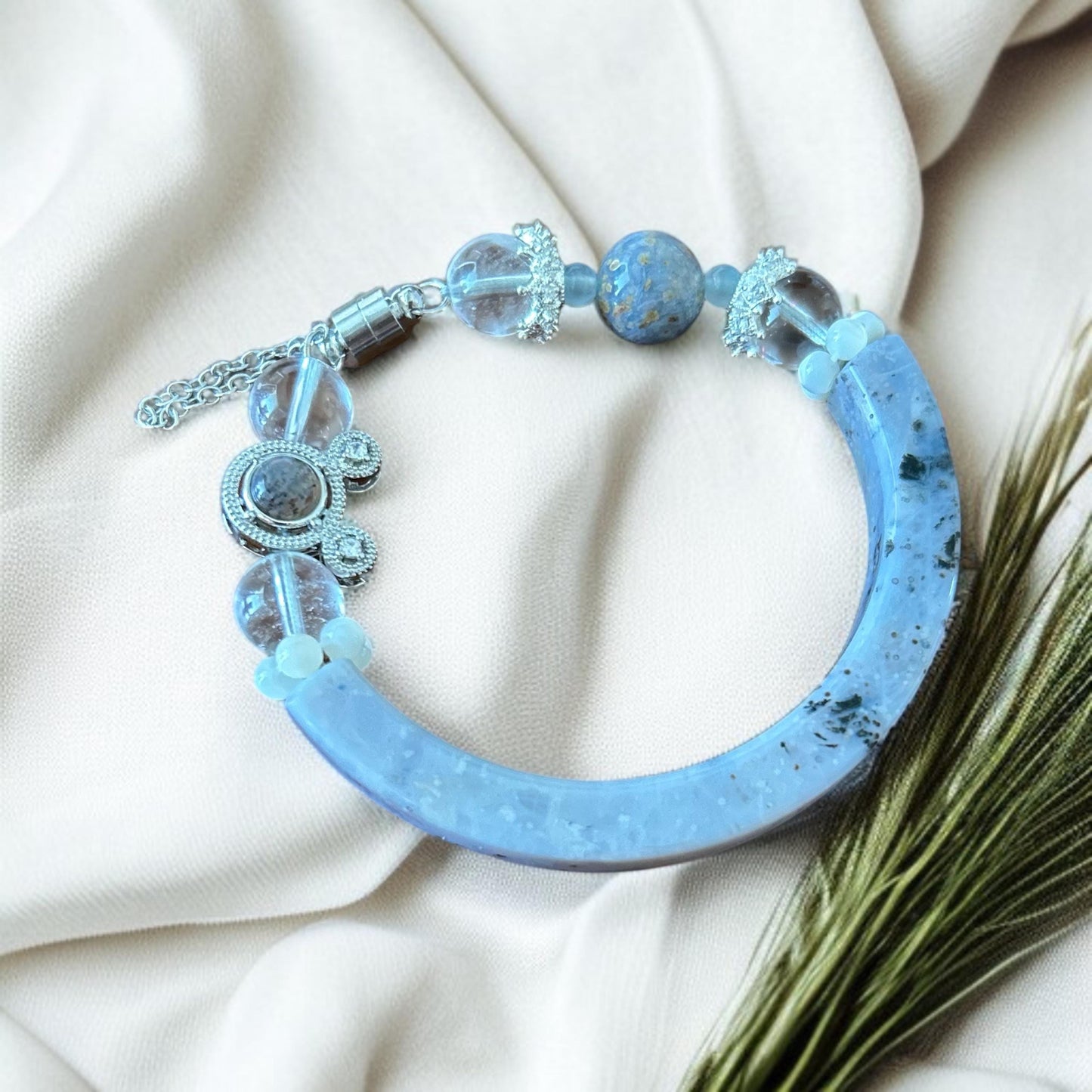 K2 Jasper Half Bangle Bracelet: Aquamarine, Moonstone & Quartz with Silver  Mouse