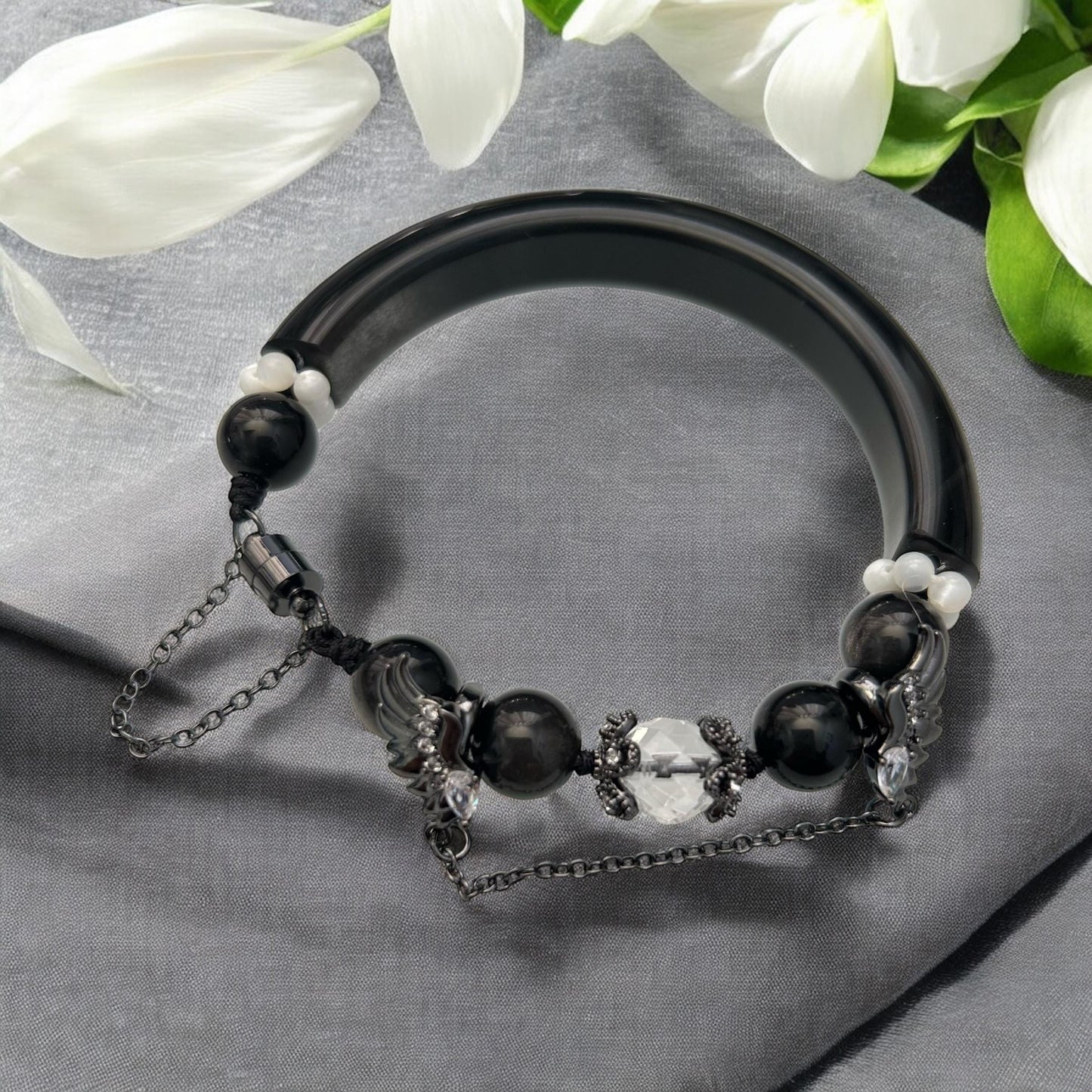 Obsidian Butterfly Bangle: Rose Quartz, Pearl & Matte Black Beads