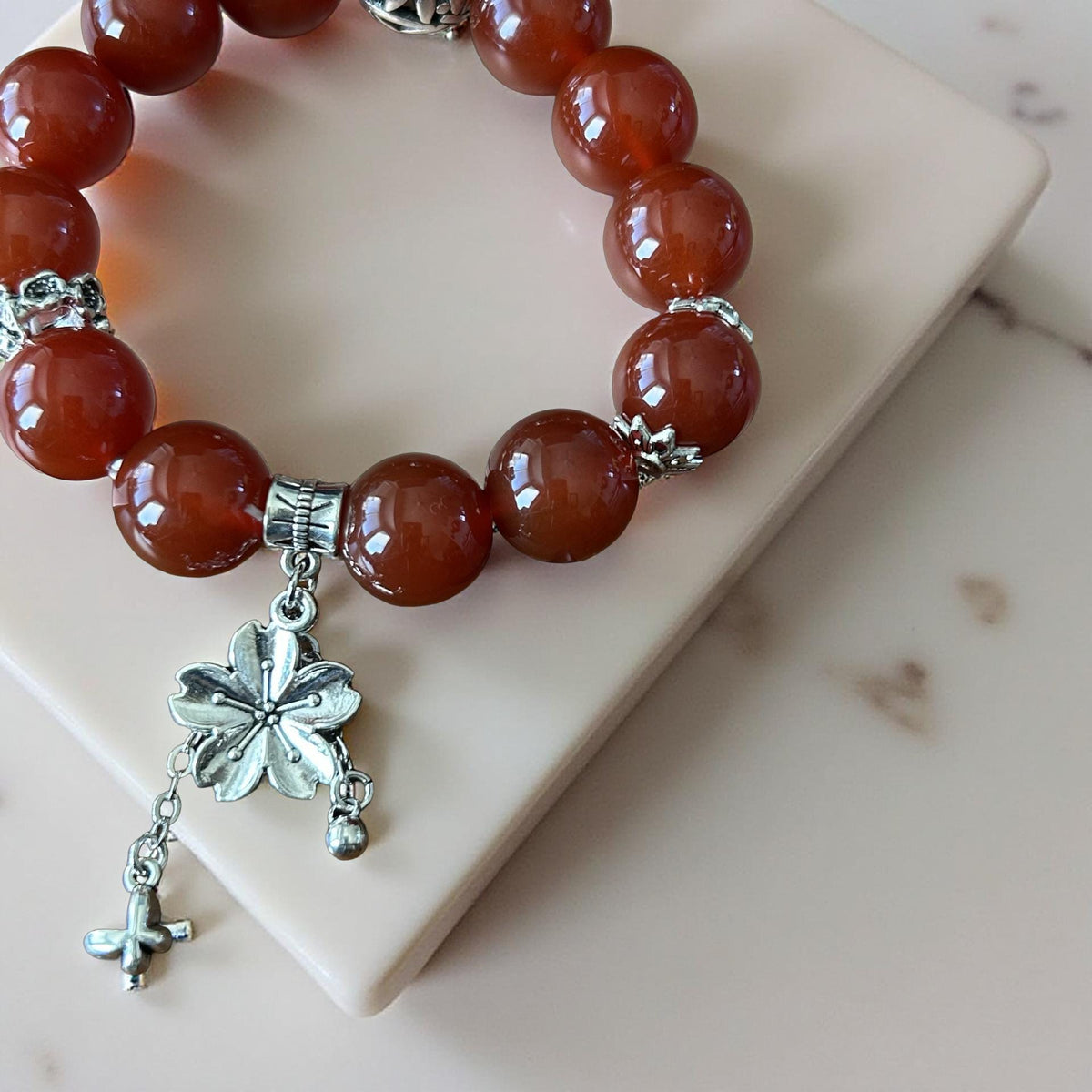 Carnelian Gemstone Bracelet with Silver Charms – Natural Energy Jewelry for Protection and Luck