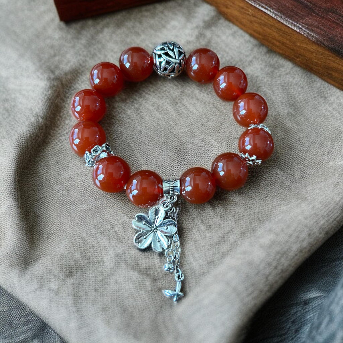 Carnelian Gemstone Bracelet with Silver Charms – Natural Energy Jewelry for Protection and Luck