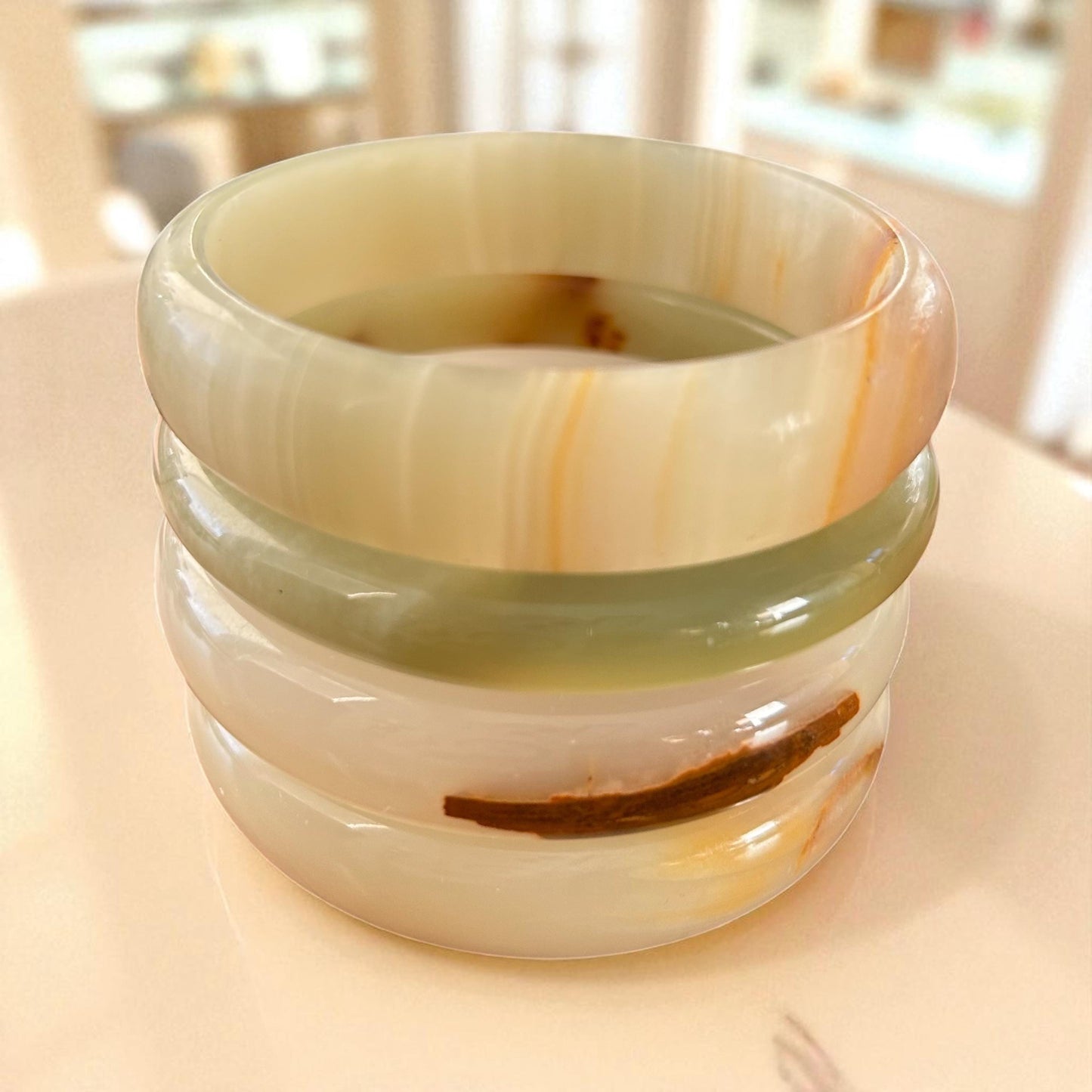 Honey Banded Agate Bangle: Cream & Olive Natural Stone Bracelet