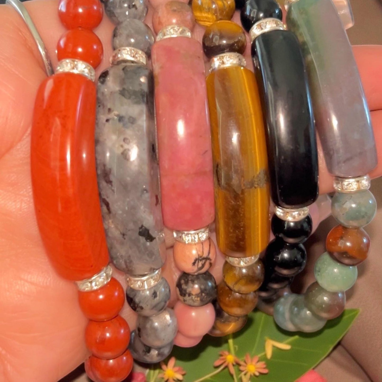Natural Gemstone Bar Bead Bracelet, Bangle Bracelet