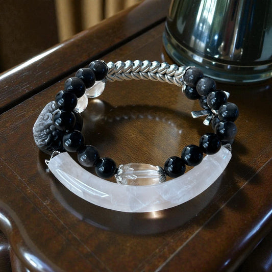 Silver Obsidian Pixiu Prosperity Stack with Clear Quartz