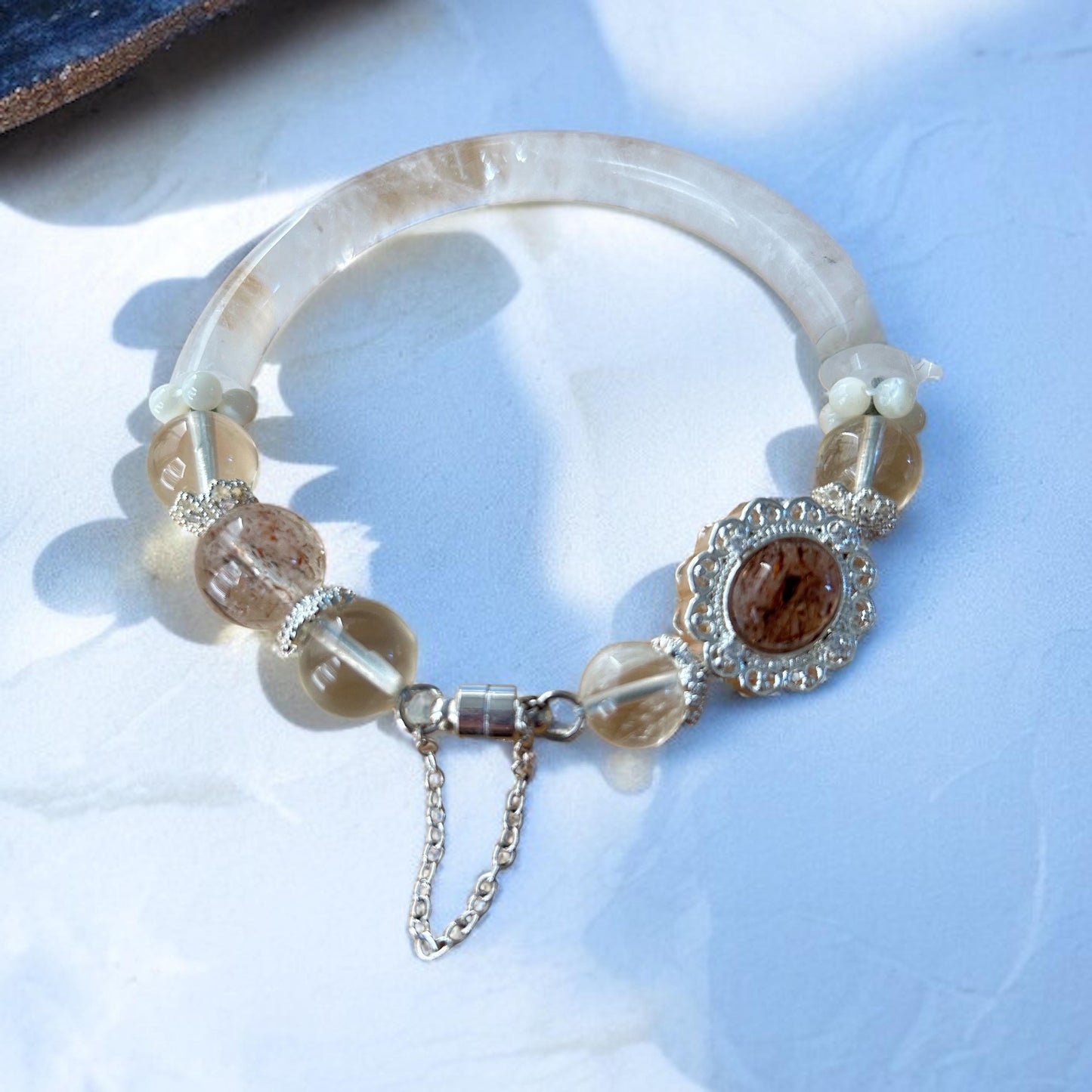 Rutilated Quartz Lotus Charm Bangle with Clear Quartz Cuff 7.5"