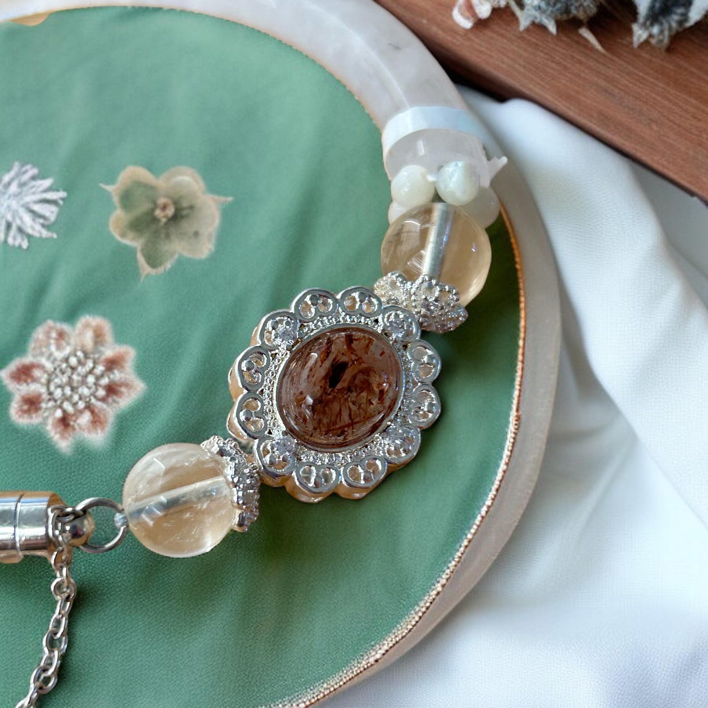 Rutilated Quartz Lotus Charm Bangle with Clear Quartz Cuff 7.5"