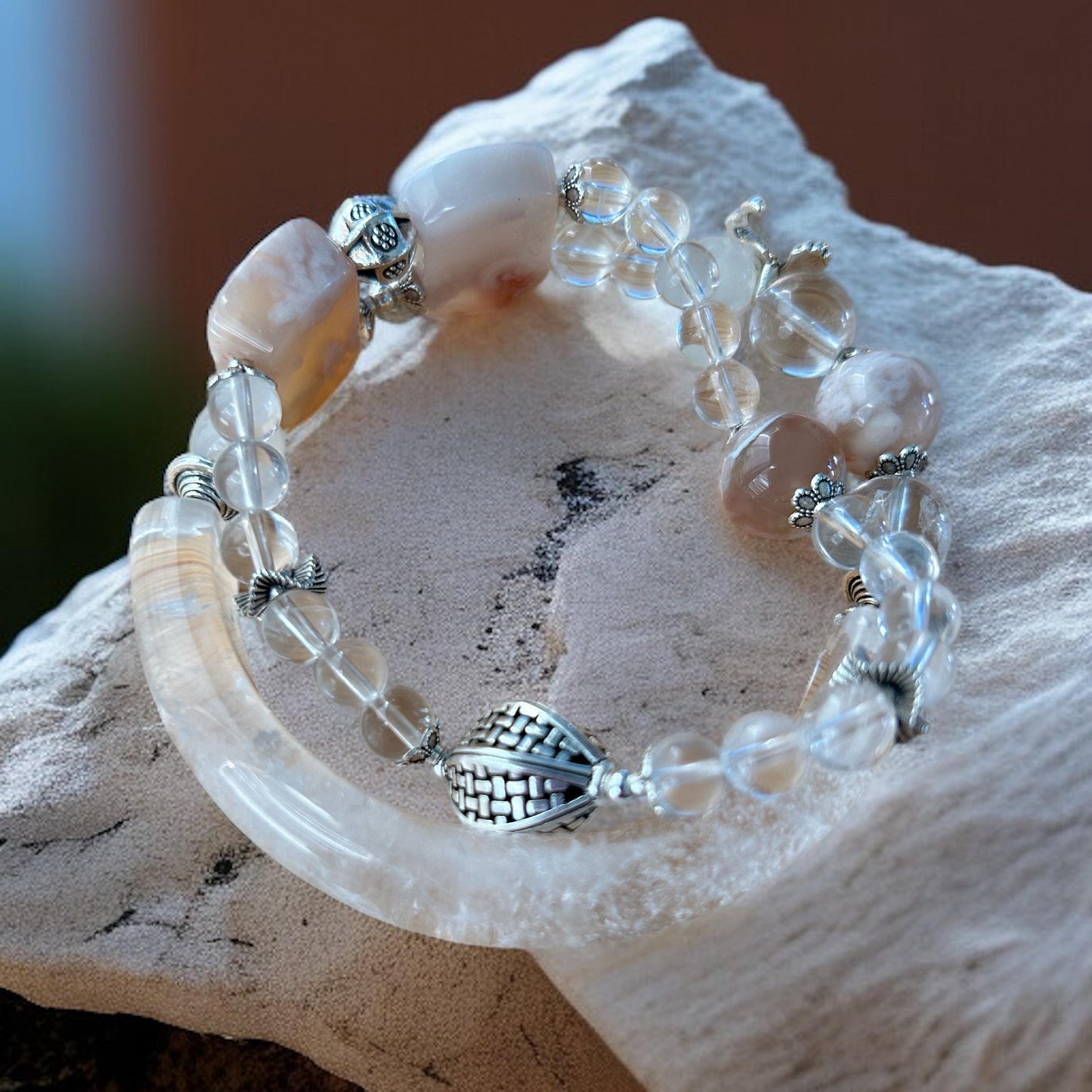Sakura Agate & Clear Quartz Crescent Bangle with Vintage Silver Accent – 7in