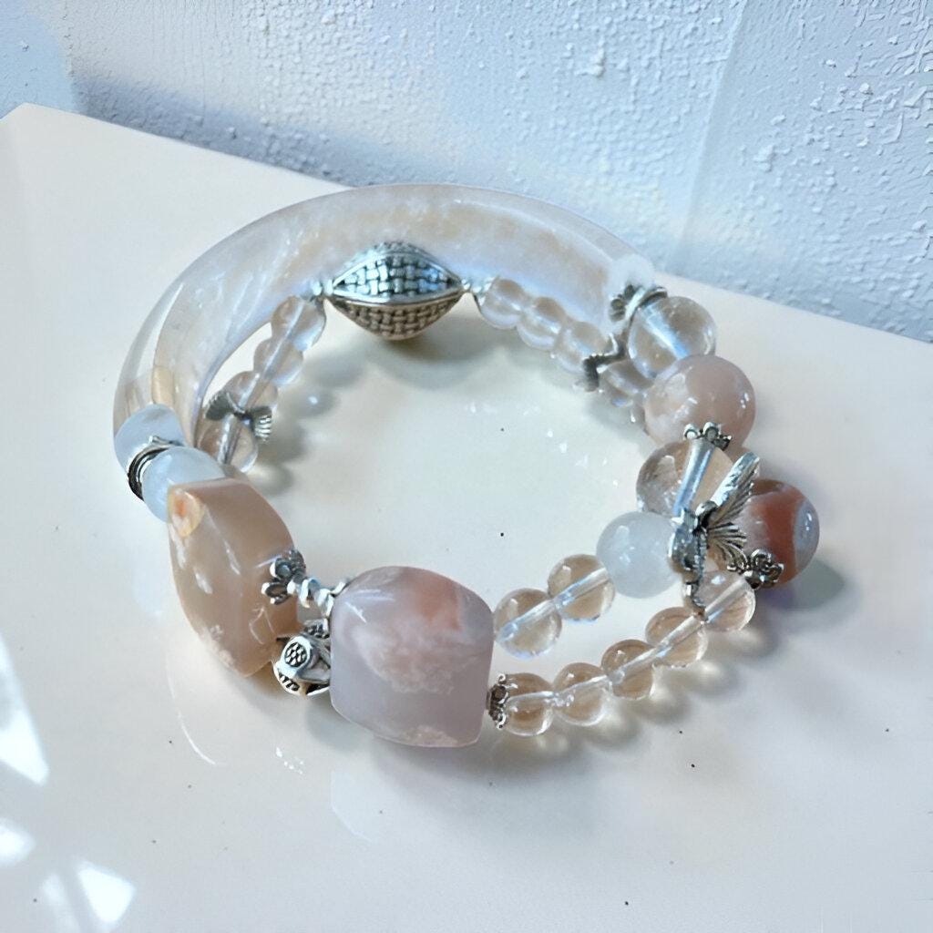 Sakura Agate & Clear Quartz Crescent Bangle with Vintage Silver Accent – 7in