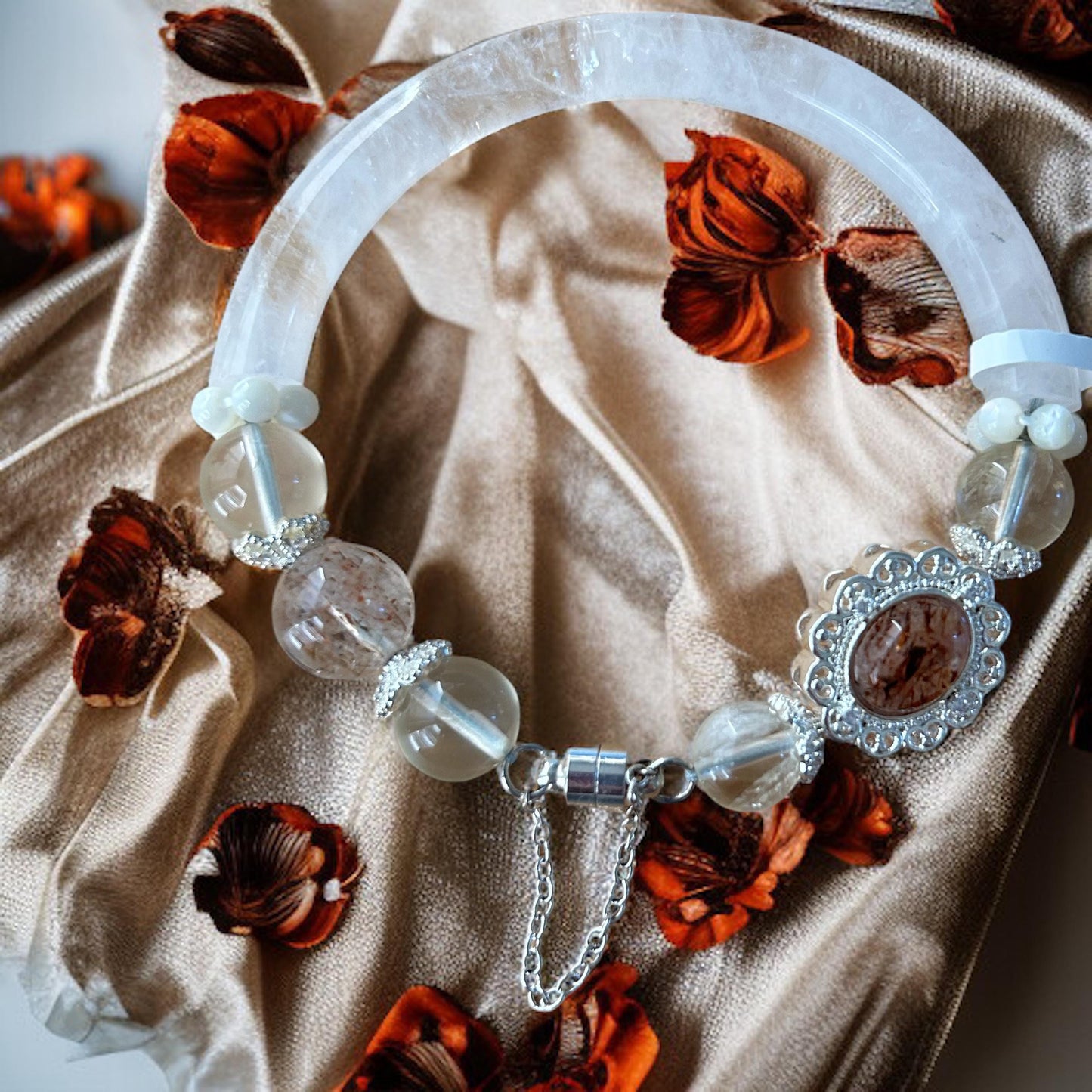 Rutilated Quartz Lotus Charm Bangle with Clear Quartz Cuff 7.5"
